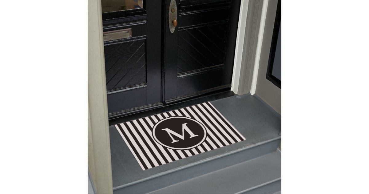 Monogram On Black And White Stripes Doormat Zazzle Com