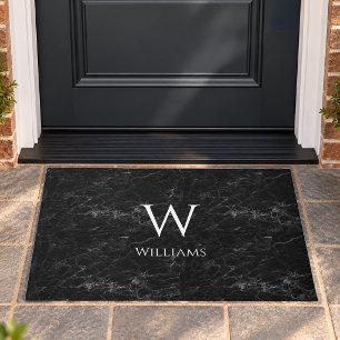 Monogram on Black Marble Modern Elegant White Name Doormat