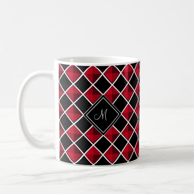 Monogram on black red diamond pattern coffee mug (Left)