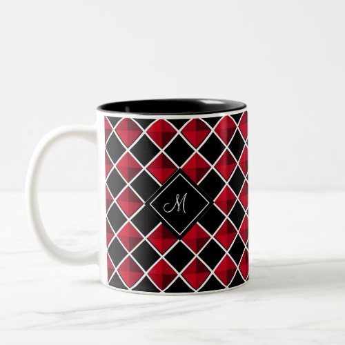 Monogram on black red diamond pattern coffee mug