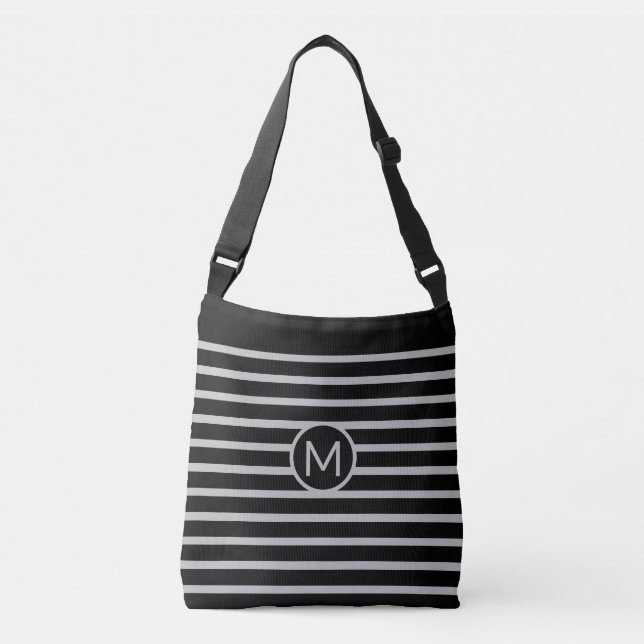 Monogram on Black & Silver Gray Striped Crossbody Bag (Front)
