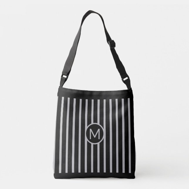 Monogram on Black & Silver Gray Vertical Striped Crossbody Bag (Back)