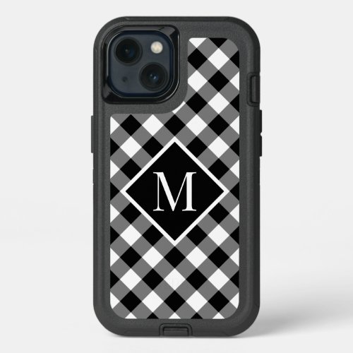 Monogram on Black White Buffalo Check Pattern iPhone 13 Case