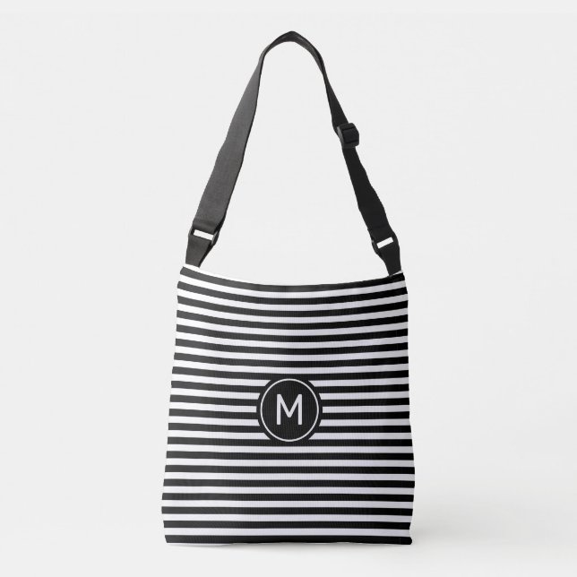 Monogram on Black & White Striped Crossbody Bag (Front)