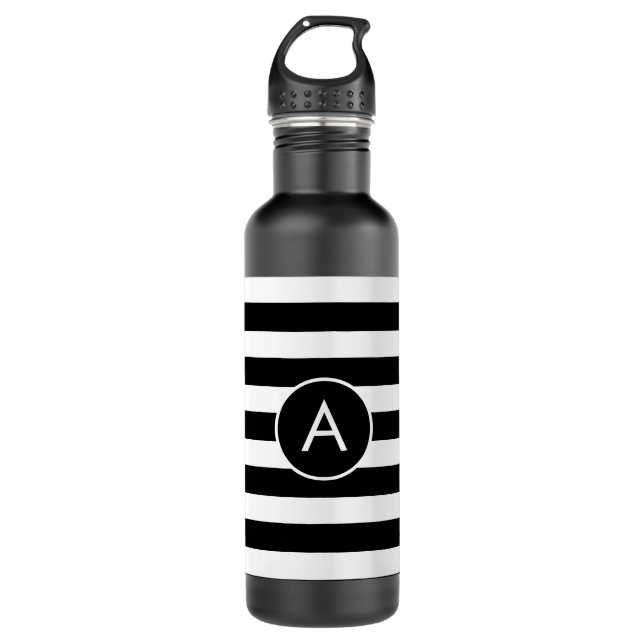 Monogram on Black & White Striped Stainless Steel Water Bottle (Front)