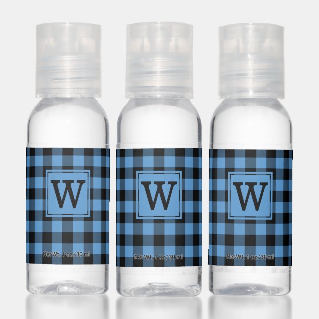 Monogram on Blue and Black Gingham Pattern Hand Sanitizer (Set)