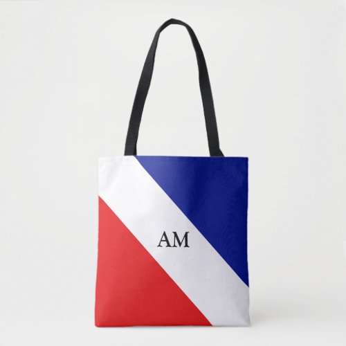 Monogram on Blue Red and White Diagonal Striped Tote Bag