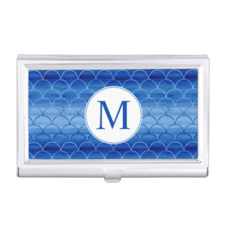 Monogram on Blue Watercolor Scale Pattern Business Card Case