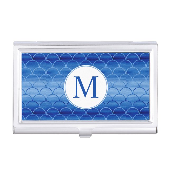 Monogram on Blue Watercolor Scale Pattern Business Card Case (Front)
