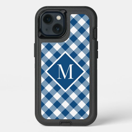 Monogram on Blue White Buffalo Check Pattern iPhone 13 Case