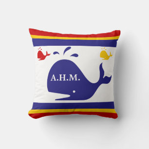MONOGRAM on blue, yellow, and red whales on white Throw Pillow