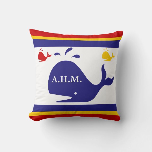 MONOGRAM on blue, yellow, and red whales on white Throw Pillow (Front)