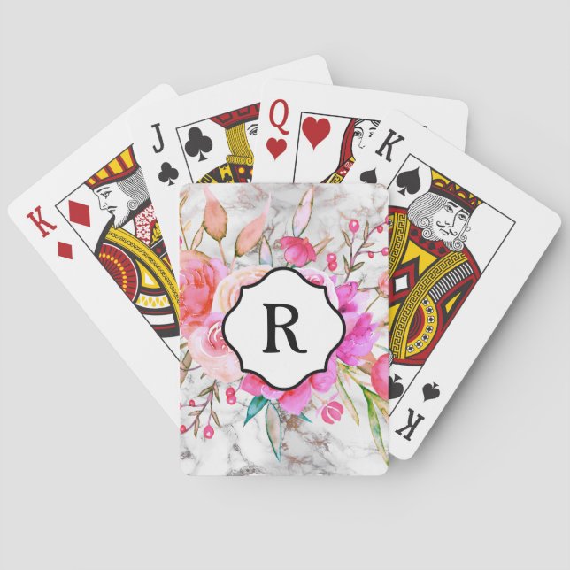 Monogram on Bold Pink Flowers and Gold Marble Poker Cards (Back)