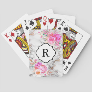 Monogram on Bold Pink Flowers, Gold & White Marble Poker Cards