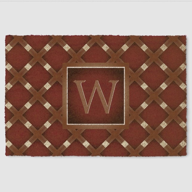 Monogram on Burgundy Diagonal Squares Fiber Doormat (Front)