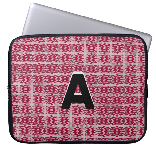 Monogram on Burgundy & Silver Geometric Pattern Laptop Sleeve (Front)