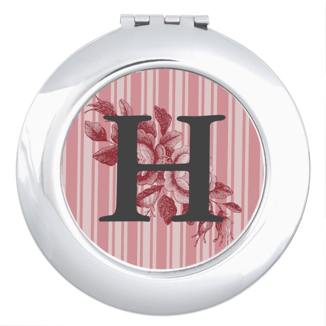 Monogram on Cabbage Roses Red Pink Floral Compact Mirror (Front)