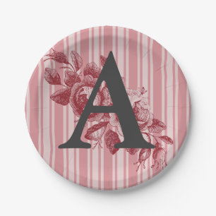 Monogram on Cabbage Roses Red Pink Floral Paper Plates