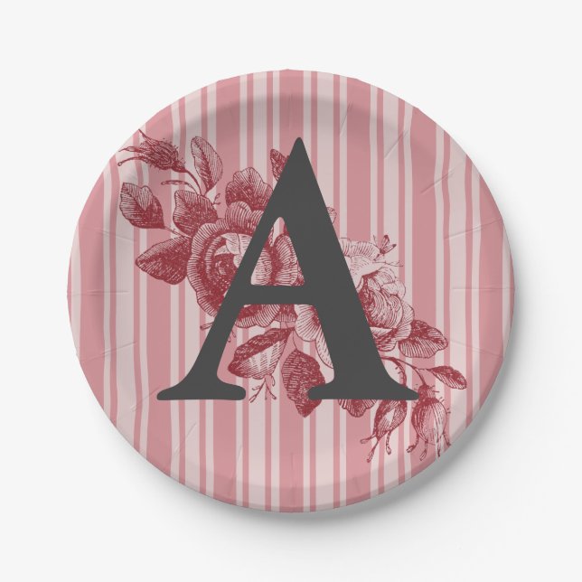 Monogram on Cabbage Roses Red Pink Floral Paper Plates (Front)
