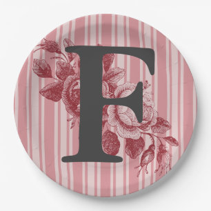 Monogram on Cabbage Roses Red Pink Floral Paper Plates