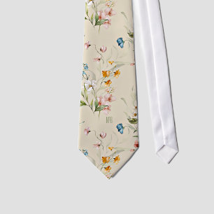Monogram on Colorful Floral Still Life Art Beige Neck Tie
