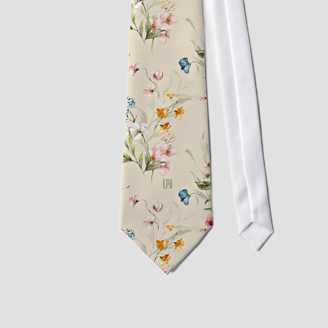 Monogram on Colorful Floral Still Life Art Beige Neck Tie (Creator Uploaded)