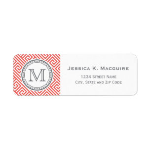 Monogram on Coral Greek Key Pattern Label