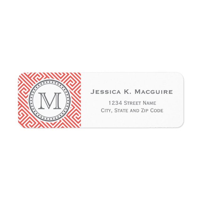 Monogram on Coral Greek Key Pattern Label (Front)