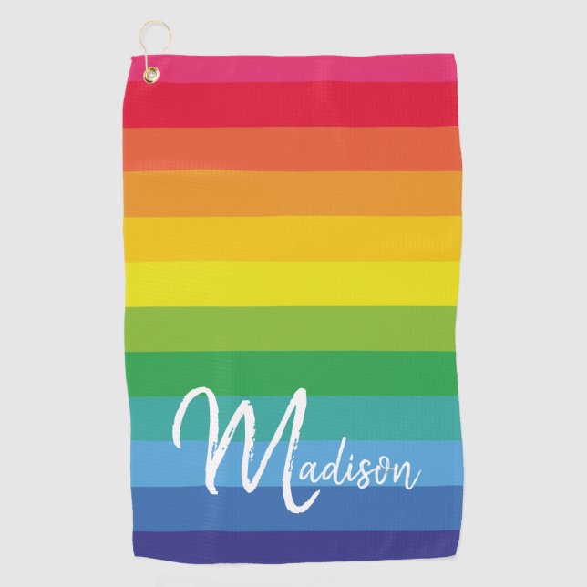 Monogram on Cute and Modern Rainbow Stripes Golf Towel (Front)