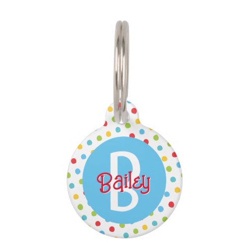 Monogram on Cute Colorful Dots Blue  Red Pet ID Tag