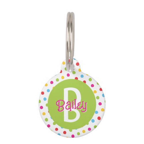 Monogram on Cute Colorful Dots Pink  Green Pet ID Tag