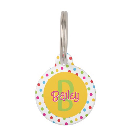 Monogram on Cute Colorful Dots Yellow  Green Pet ID Tag