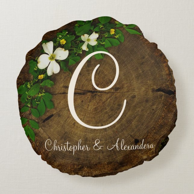 Monogram on Dogwood flowers on wood circle Round Pillow (Back)