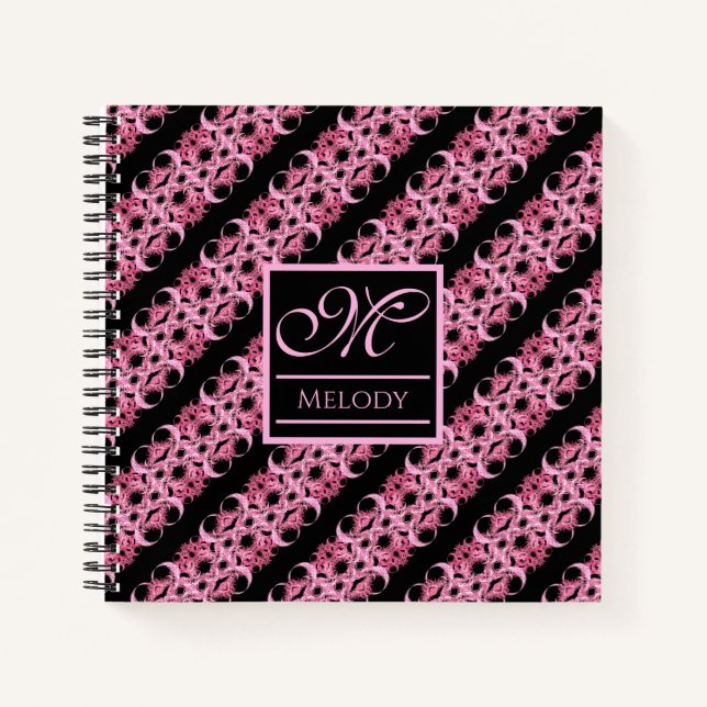 Monogram On Fractal Pink And Black Softcover Notebook (Front)