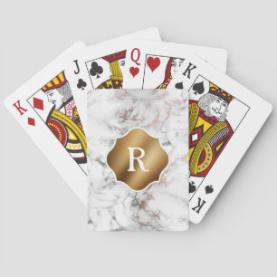 Monogram on Gold and White Marble Poker Cards