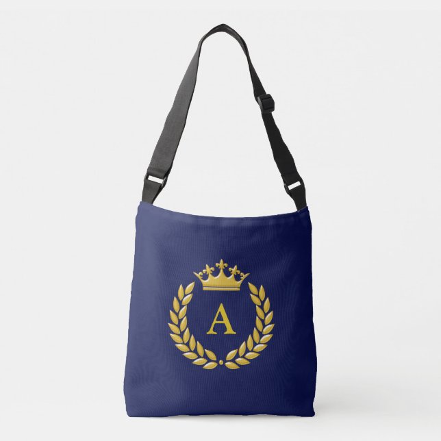 Monogram on Golden Crown & Laurel on Navy Blue Crossbody Bag (Front)
