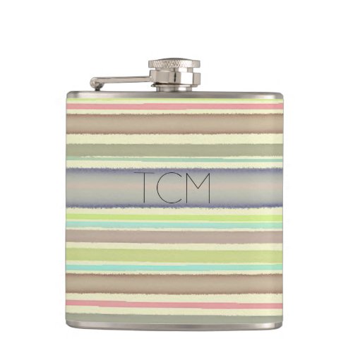 Monogram on hand painted watercolor stripes hip flask