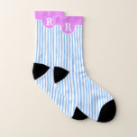 Monogram On Light Blue And White Striped Pink Top Socks at Zazzle