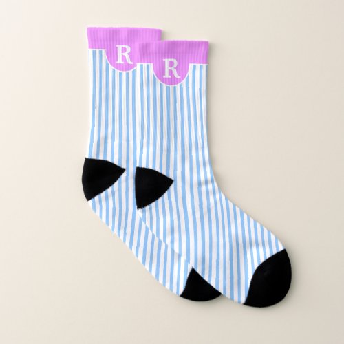 MONOGRAM on Light Blue and White Striped Pink Top Socks