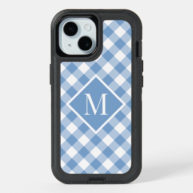 Monogram on Light Blue White Buffalo Check Pattern iPhone 15 Case (Back)