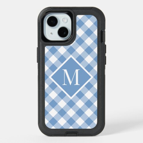 Monogram on Light Blue White Buffalo Check Pattern iPhone 15 Case