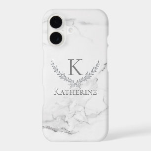 Monogram on Marble with Elegant Silver Wreath iPhone 17 Case