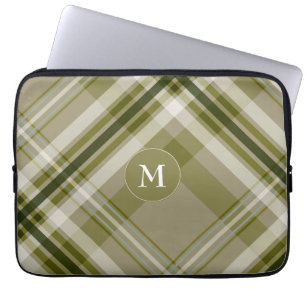 Monogram on masculine drab olive beige plaid laptop sleeve
