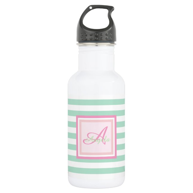 Monogram on Mint Green  Stripes-Personalized Stainless Steel Water Bottle (Front)