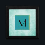 Monogram on Mint Green Vintage paper texture Keepsake Box<br><div class="desc">Old fashioned vintage paper with faded handwriting on a soft mint green background. A nice shabby style texture with an old world charm. Monogram frame is a square box in a teal color with a gold double border. The font inside is a chic and trendy black font. Personalize the monogram...</div>