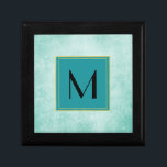 Monogram on Mint Green Vintage paper texture Keepsake Box<br><div class="desc">Old fashioned vintage paper with faded handwriting on a soft mint green background. A nice shabby style texture with an old world charm. Monogram frame is a square box in a teal color with a gold double border. The font inside is a chic and trendy black font. Personalize the monogram...</div>