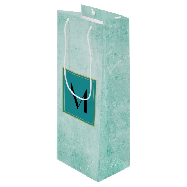 Monogram on Mint Green Vintage paper texture Wine Gift Bag (Front Angled)