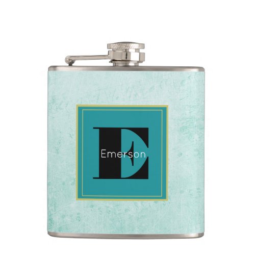 Monogram on Mint Green Vintage style texture Hip Flask