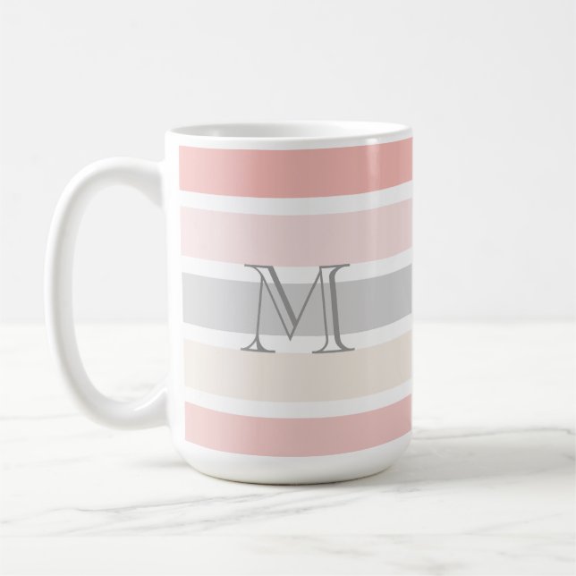 Monogram on Modern Pink Gray Cream Stripes Coffee Mug (Left)