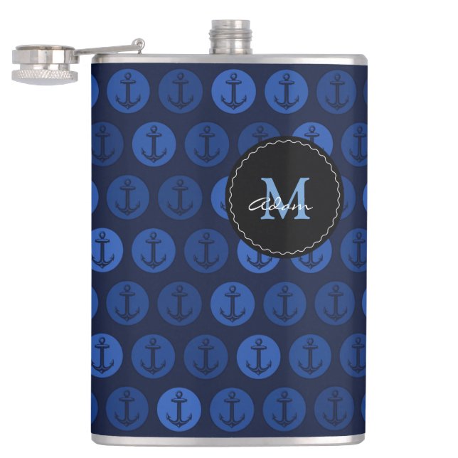 Monogram on Navy Blue Tone Anchors Pattern Hip Flask (Opened)
